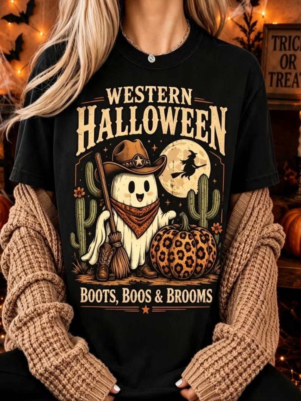 Western Halloween Tee - Black with Tan & Orange Graphic